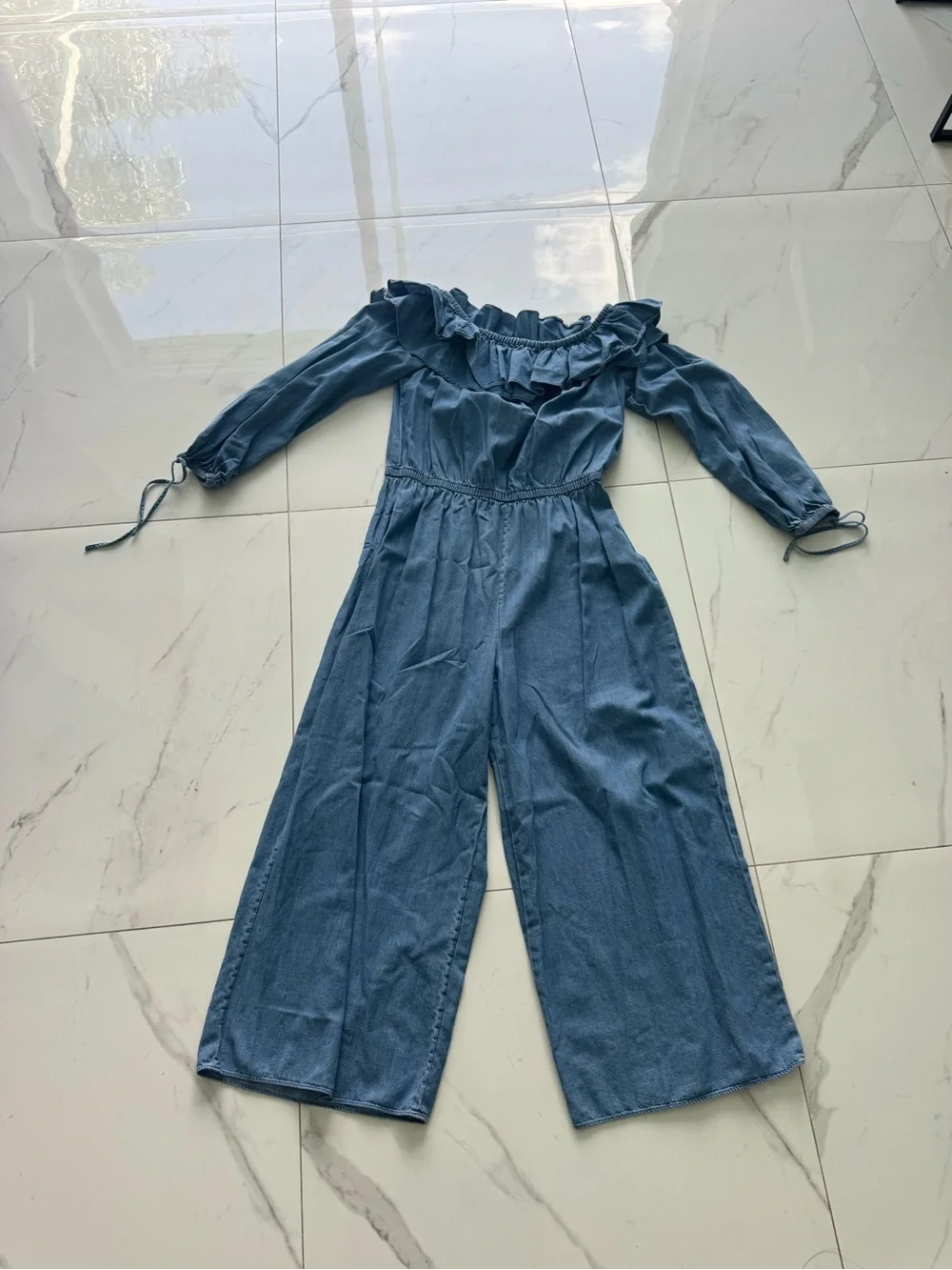 Michael Kors Off-Shoulder Wide-Leg Jumpsuit in Denim Blue